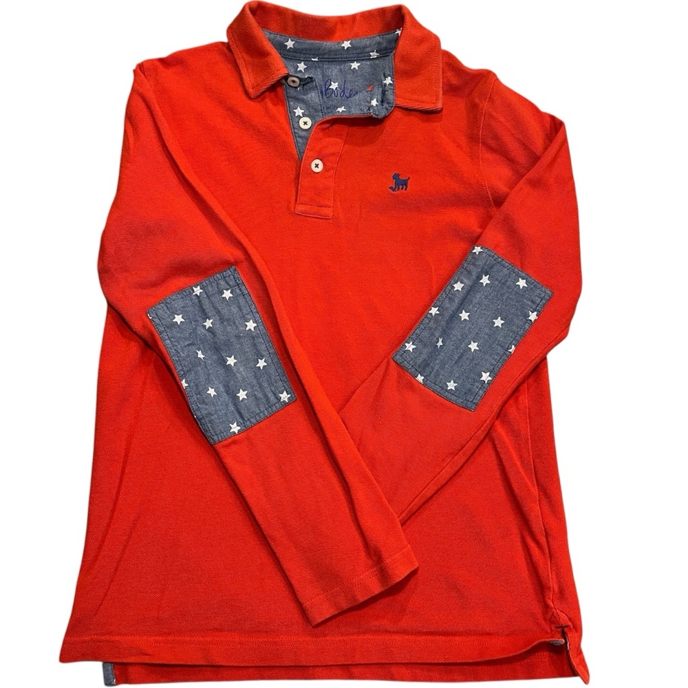 Mini Boden Boys Long Sleeve Orange Polo Shirt Star Elbow Patches Size 11-12 GUC